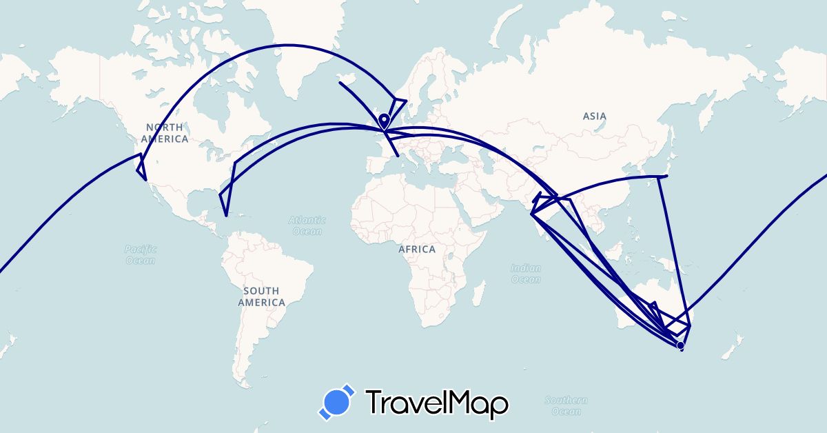 TravelMap itinerary: driving in Australia, Czech Republic, France, United Kingdom, India, Iceland, Jamaica, Japan, Norway, Nepal, Singapore, United States (Asia, Europe, North America, Oceania)